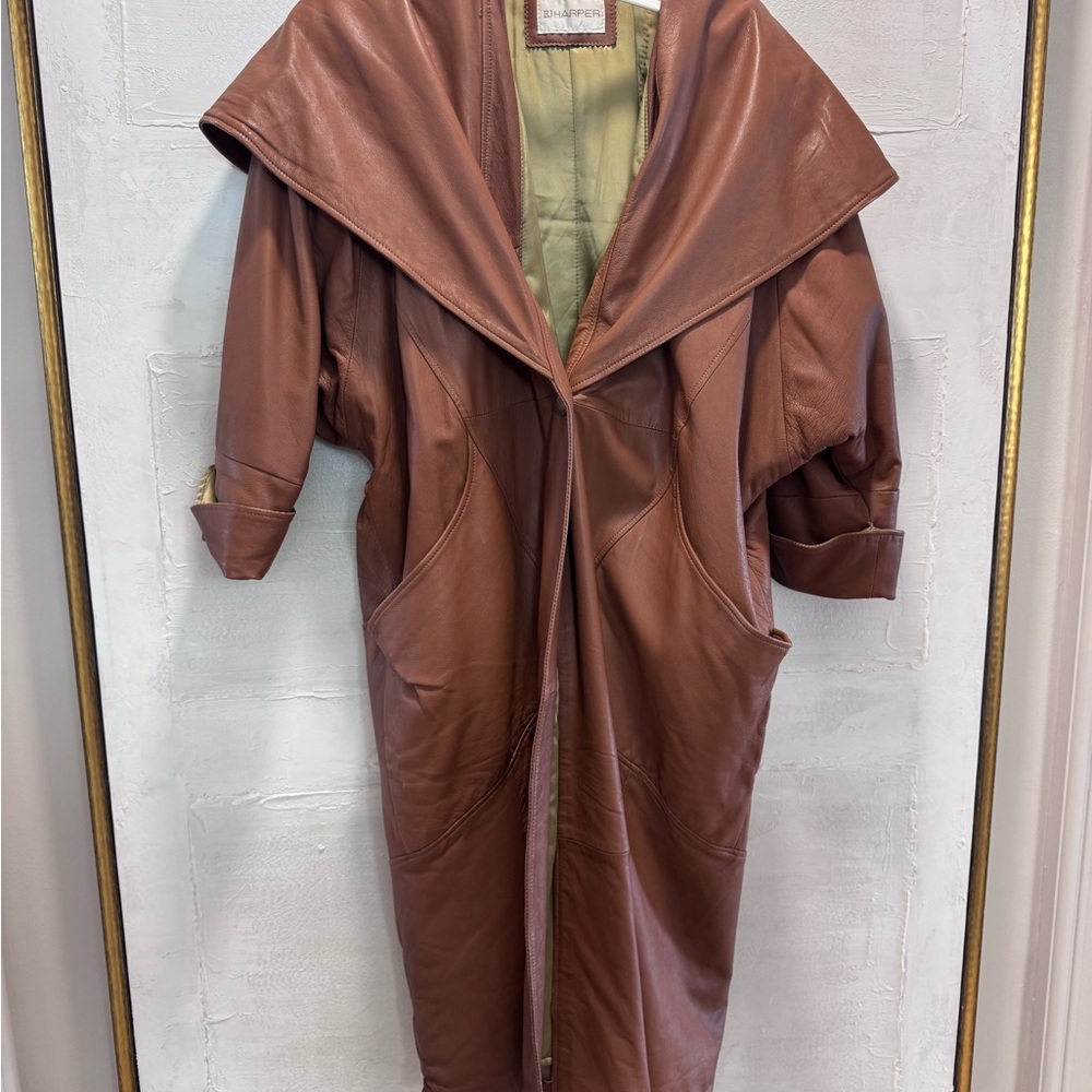 Vintage 80s Cognac Leather Oversized Coat | Draped Shawl Collar 